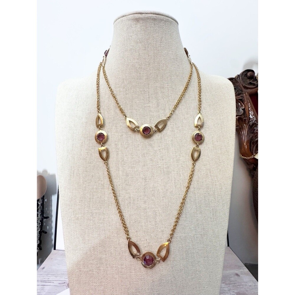 Vtg Long Gold Rope Necklace Bezel Set Amethyst Glass Stations 46” Retro Art deco